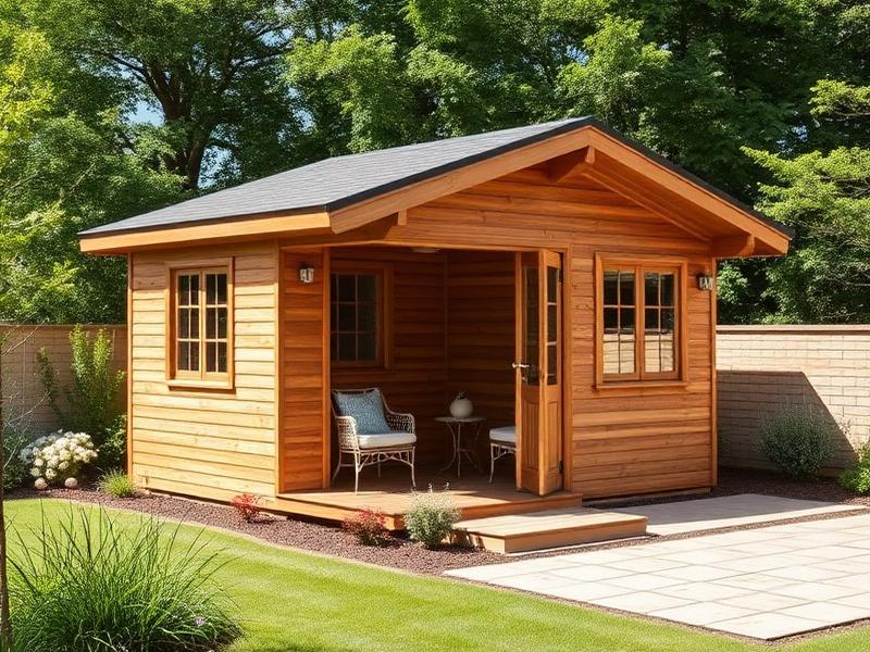 Houten tuinhuis in een aangelegde tuin