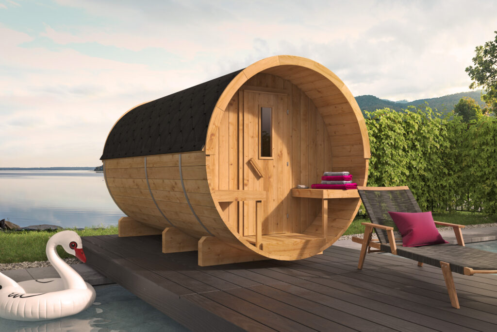 Saunabarrel | Ø205 x 350 cm | 42 mm | Thermowood | met ½ panorama raam